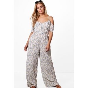 Plus Drape Sleeve Floral Wide Leg Jumpsuit